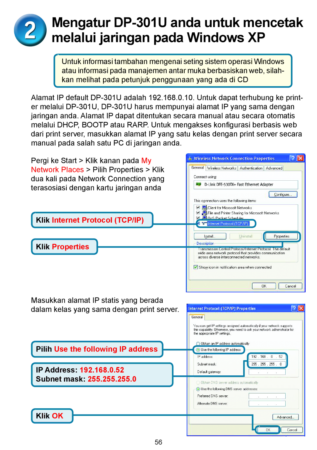 D-Link 301U manual Klik Internet Protocol TCP/IP Klik Properties 