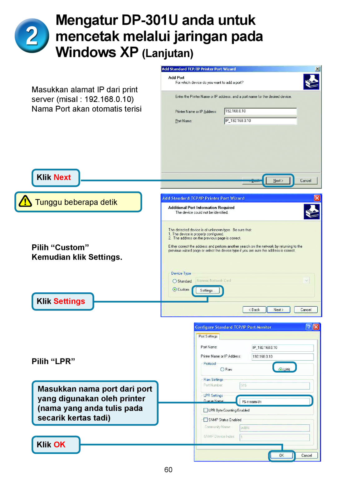 D-Link 301U manual Klik Settings 