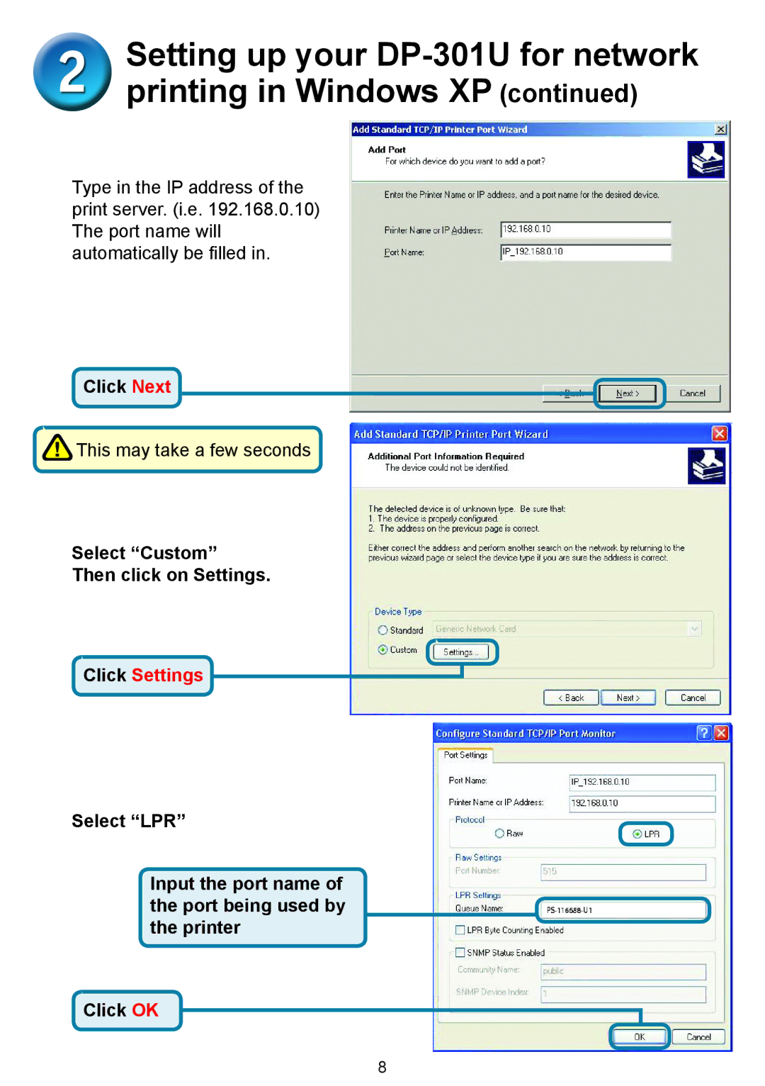 D-Link 301U manual Click Settings 