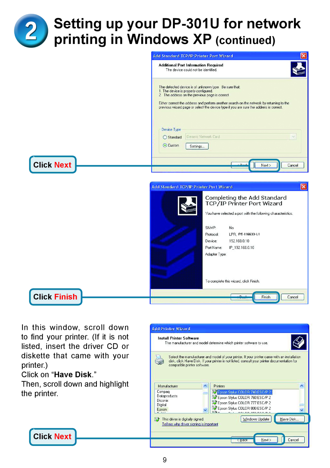 D-Link 301U manual Click Next Click Finish 