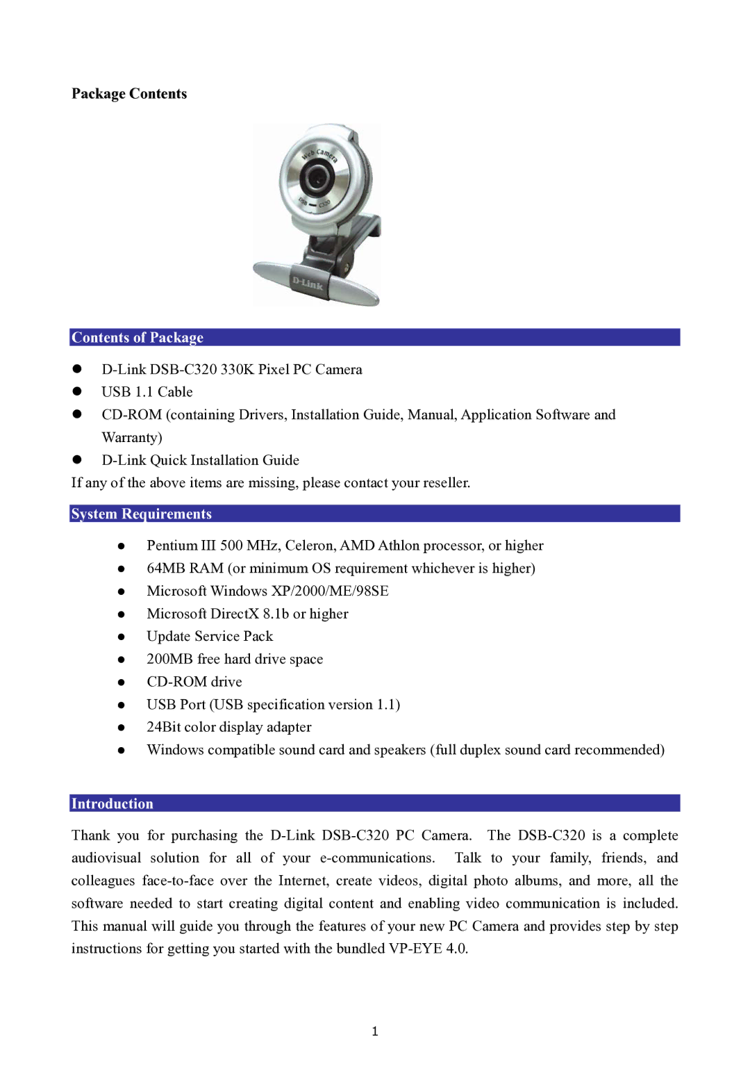 D-Link 330K Pixel manual Contents of Package, System Requirements, Introduction 