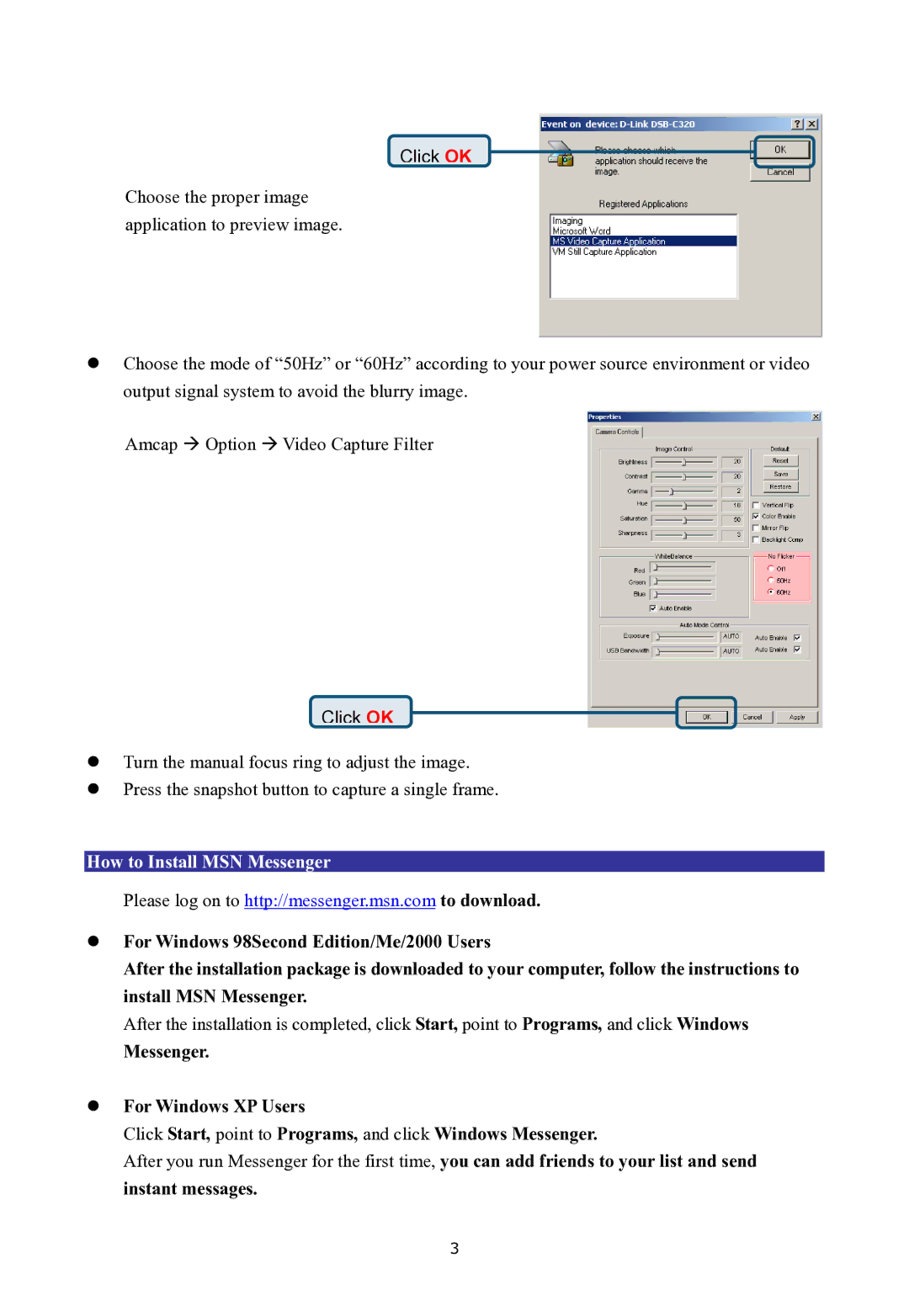 D-Link 330K Pixel manual Click OK, How to Install MSN Messenger 