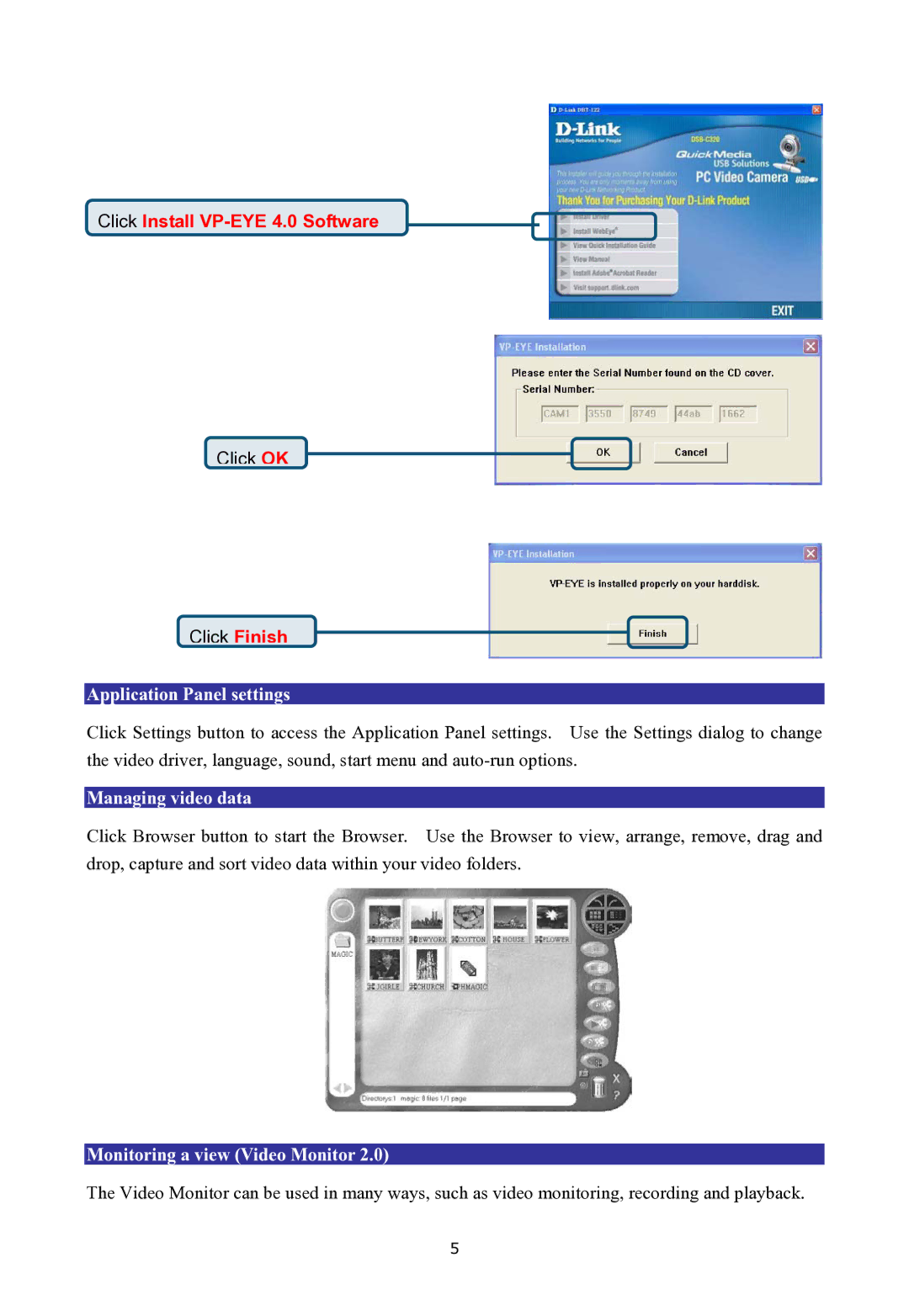 D-Link 330K Pixel manual Application Panel settings, Managing video data, Monitoring a view Video Monitor 