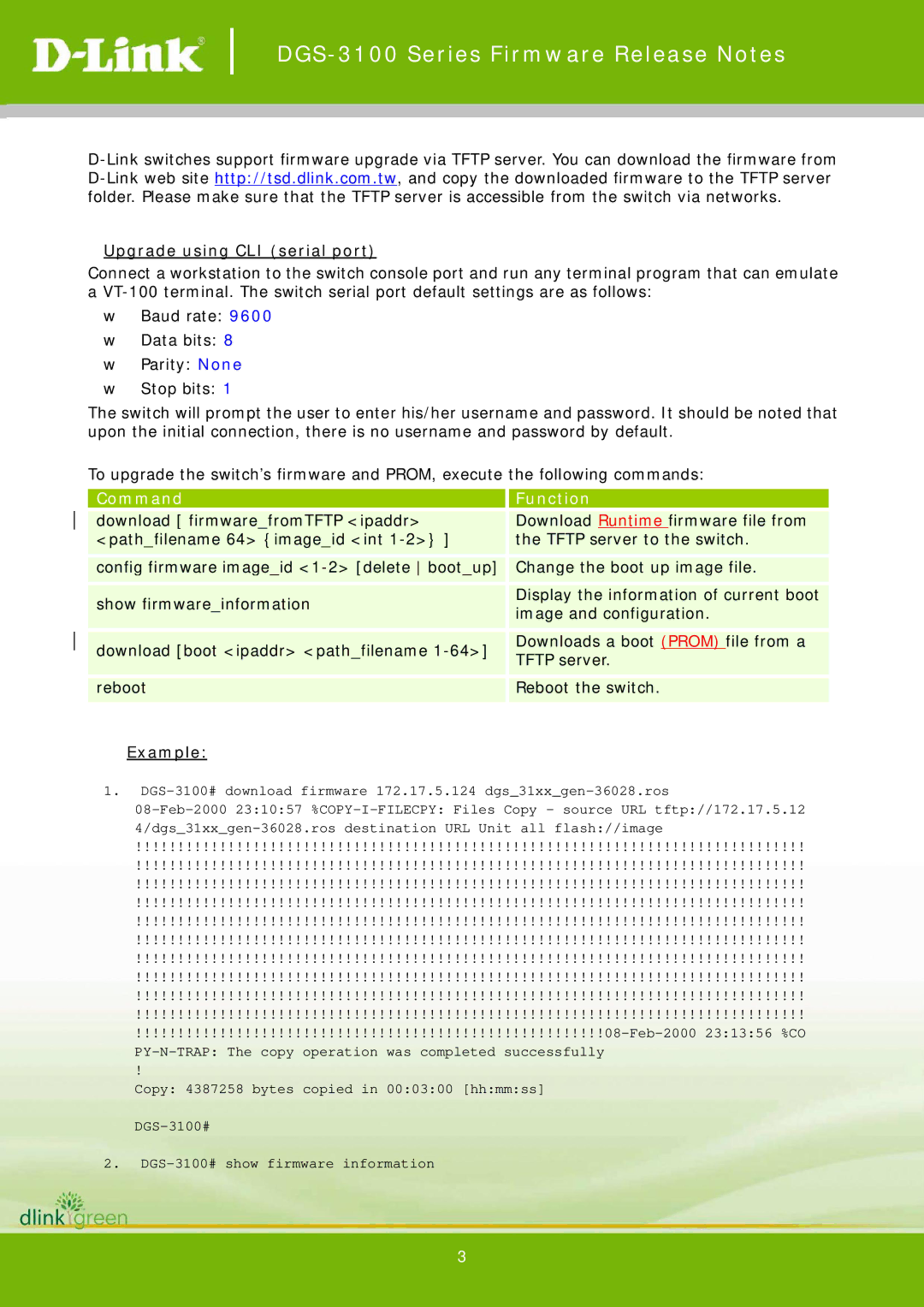 D-Link 3.60.28 manual Upgrade using CLI serial port, Command Function, Example 