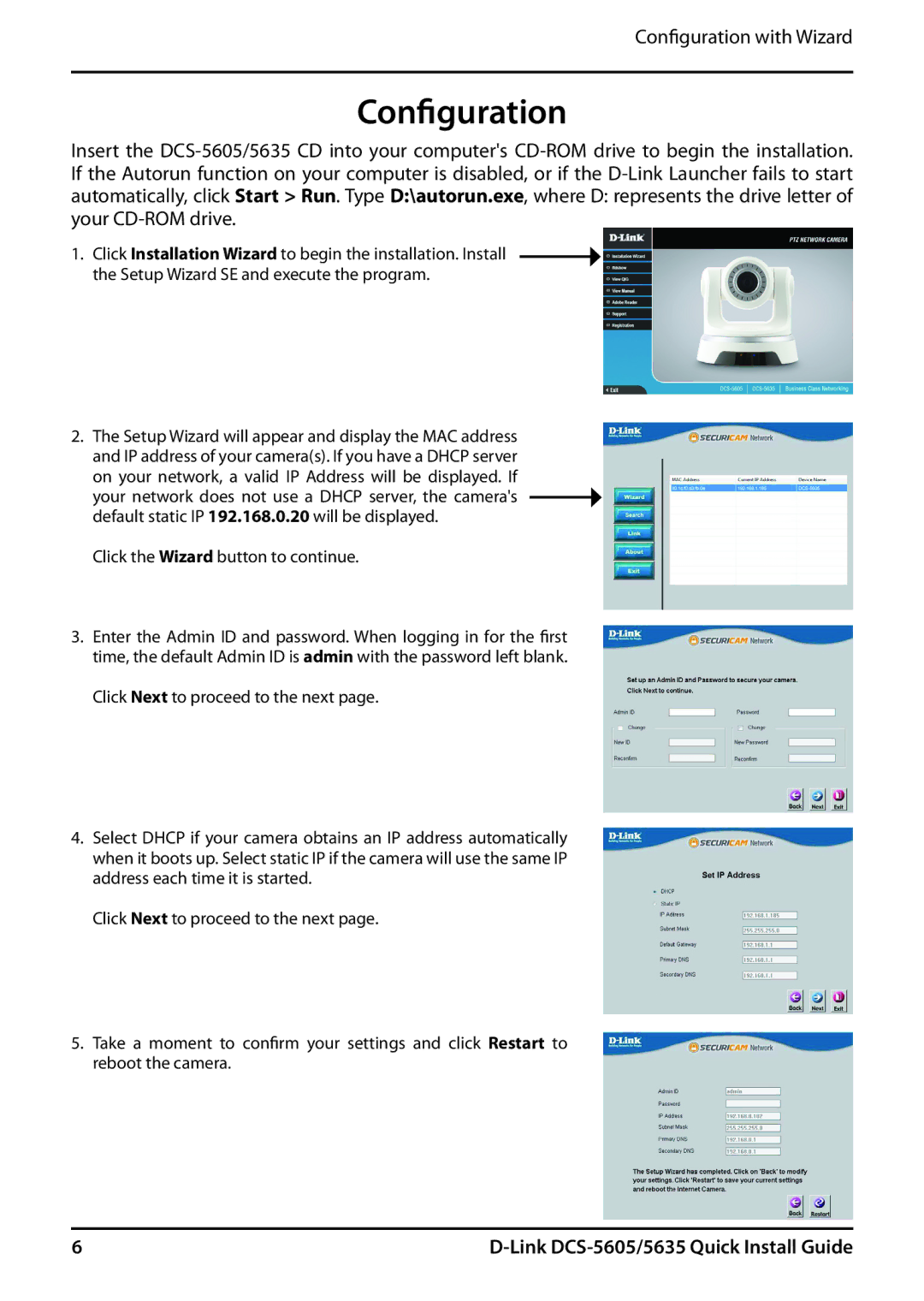 D-Link 5635 manual Configuration, Click the Wizard button to continue 