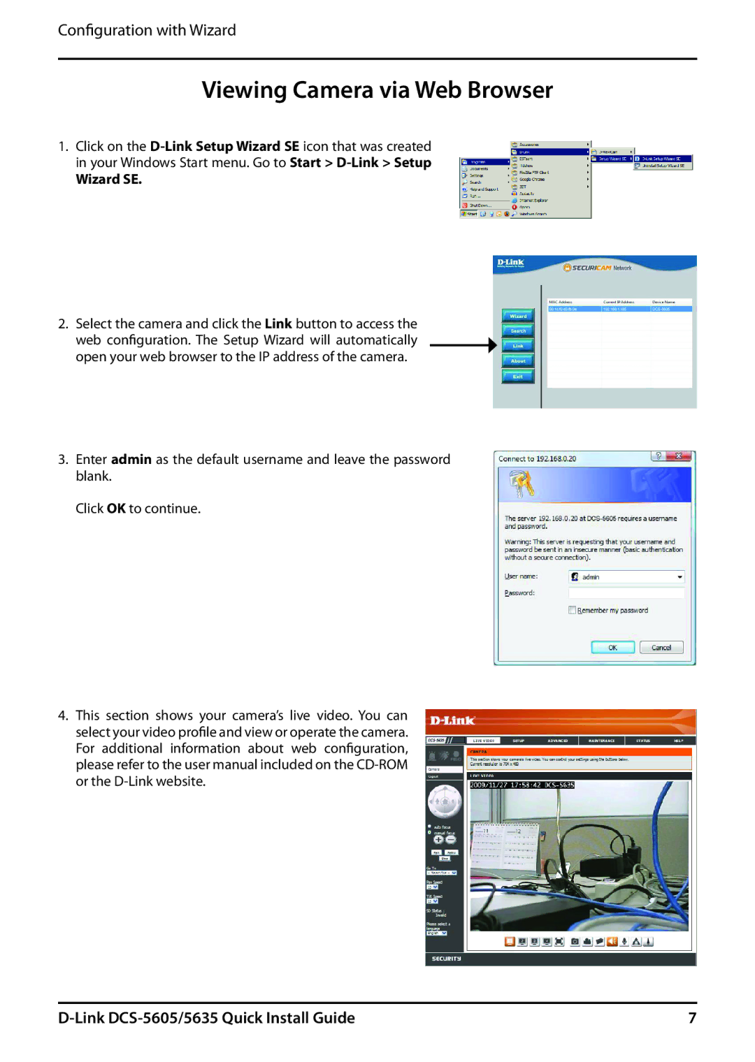 D-Link 5635 manual Viewing Camera via Web Browser, Wizard SE 