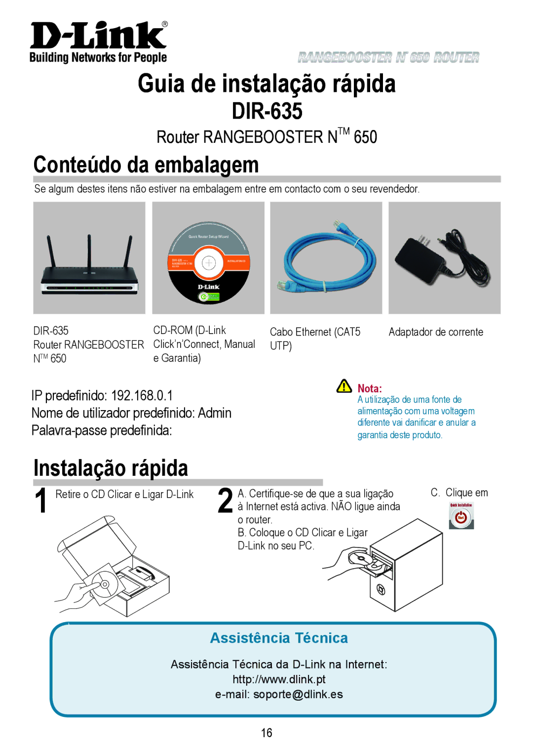 D-Link 650 warranty Guia de instalação rápida, Conteúdo da embalagem, Instalação rápida 