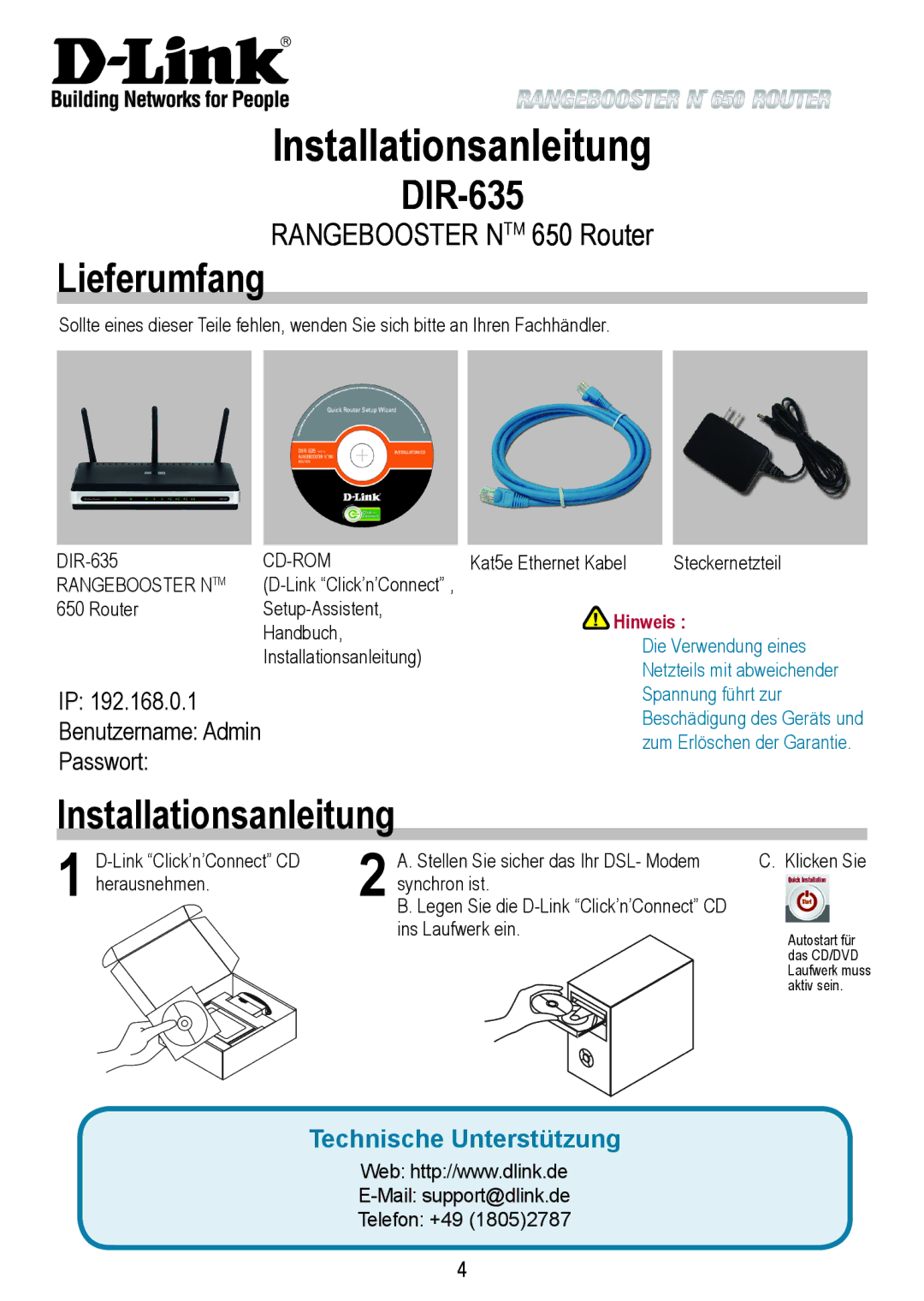 D-Link 650 warranty Installationsanleitung, Lieferumfang, Benutzername Admin Passwort, Hinweis 