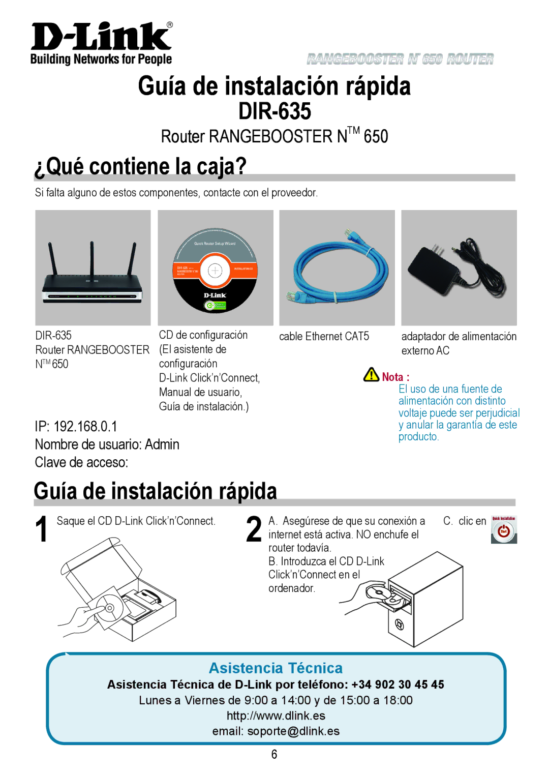 D-Link 650 warranty Guía de instalación rápida, ¿Qué contiene la caja?, Nombre de usuario Admin, Clave de acceso 