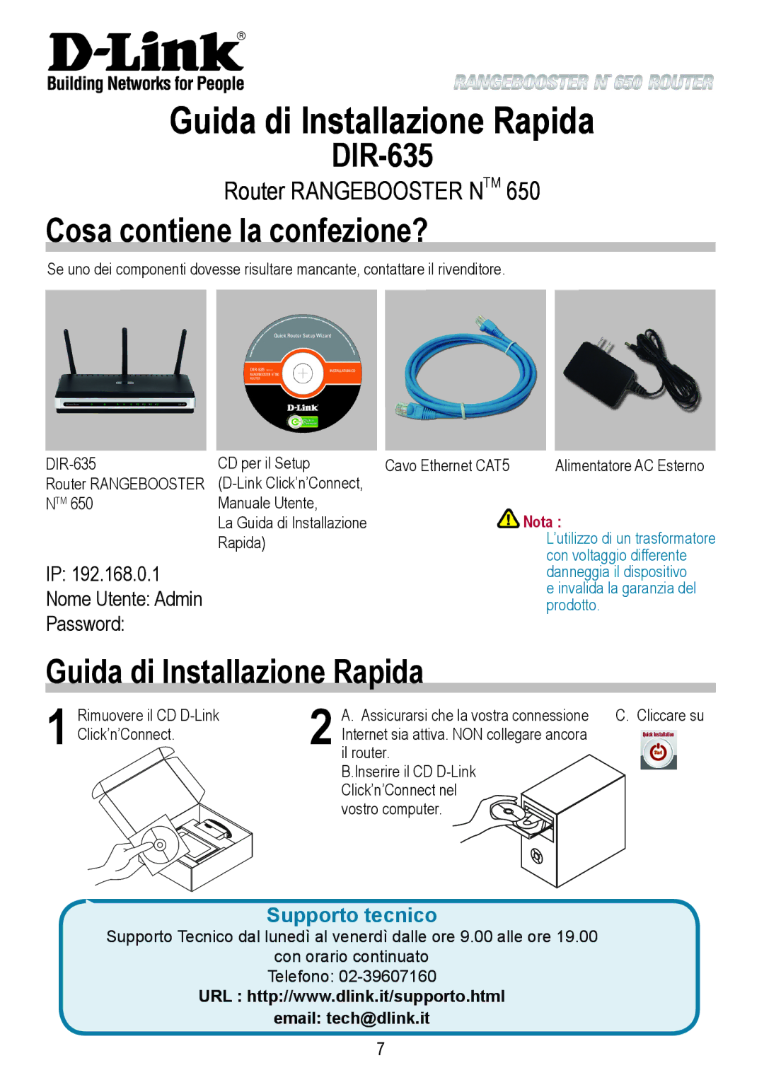 D-Link 650 warranty Guida di Installazione Rapida, Cosa contiene la confezione?, Nome Utente Admin, Password 