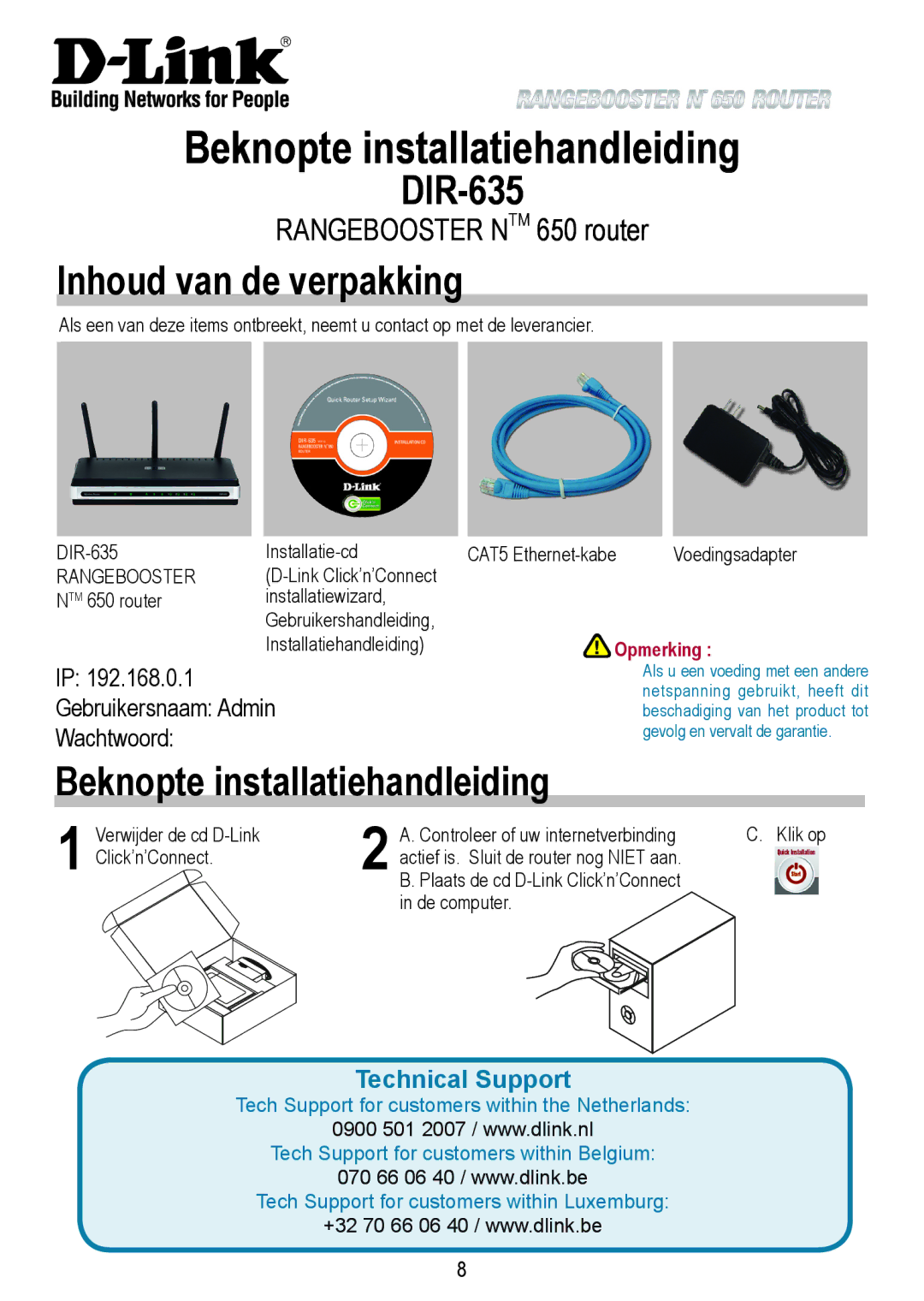 D-Link 650 warranty Beknopte installatiehandleiding, Inhoud van de verpakking, Gebruikersnaam Admin, Wachtwoord 