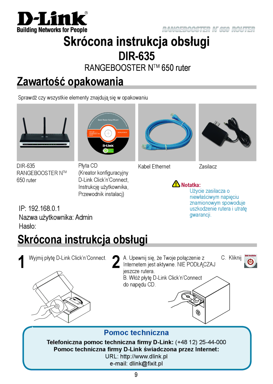 D-Link 650 warranty Skrócona instrukcja obsługi, Zawartość opakowania, Nazwa użytkownika Admin, Hasło 