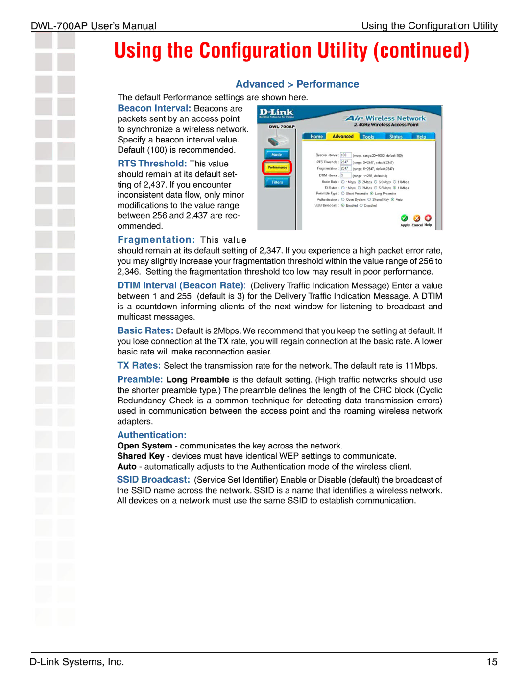 D-Link 700AP manual Advanced Performance, Fragmentation This value 