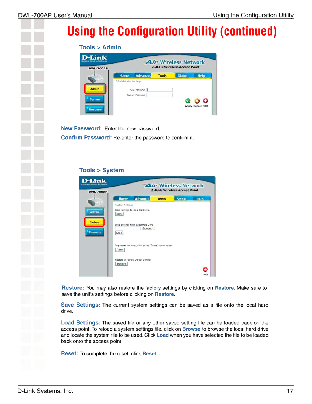 D-Link 700AP manual Tools Admin, Tools System 