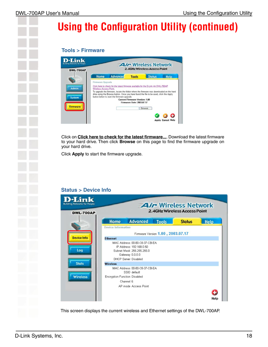 D-Link 700AP manual Tools Firmware, Status Device Info 