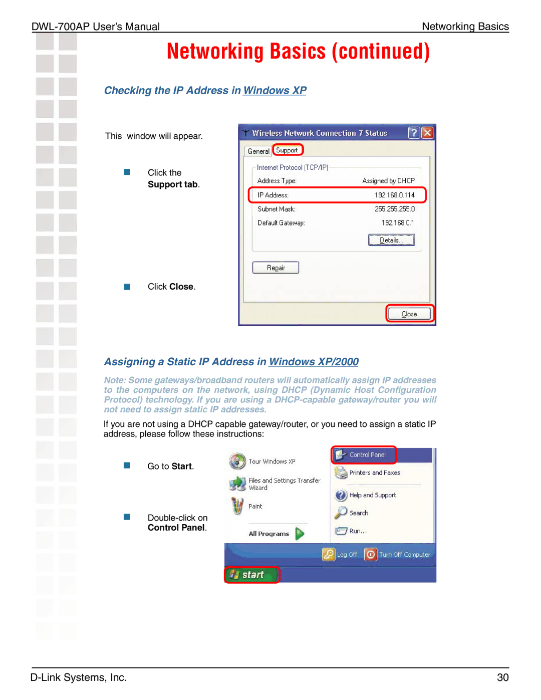 D-Link 700AP manual Assigning a Static IP Address in Windows XP/2000 