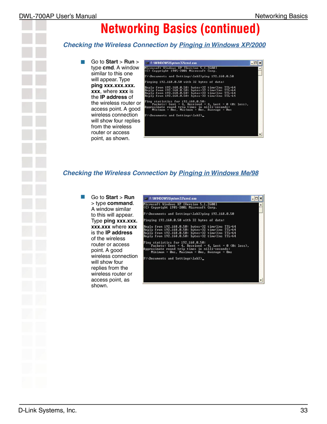 D-Link 700AP manual Checking the Wireless Connection by Pinging in Windows Me/98 