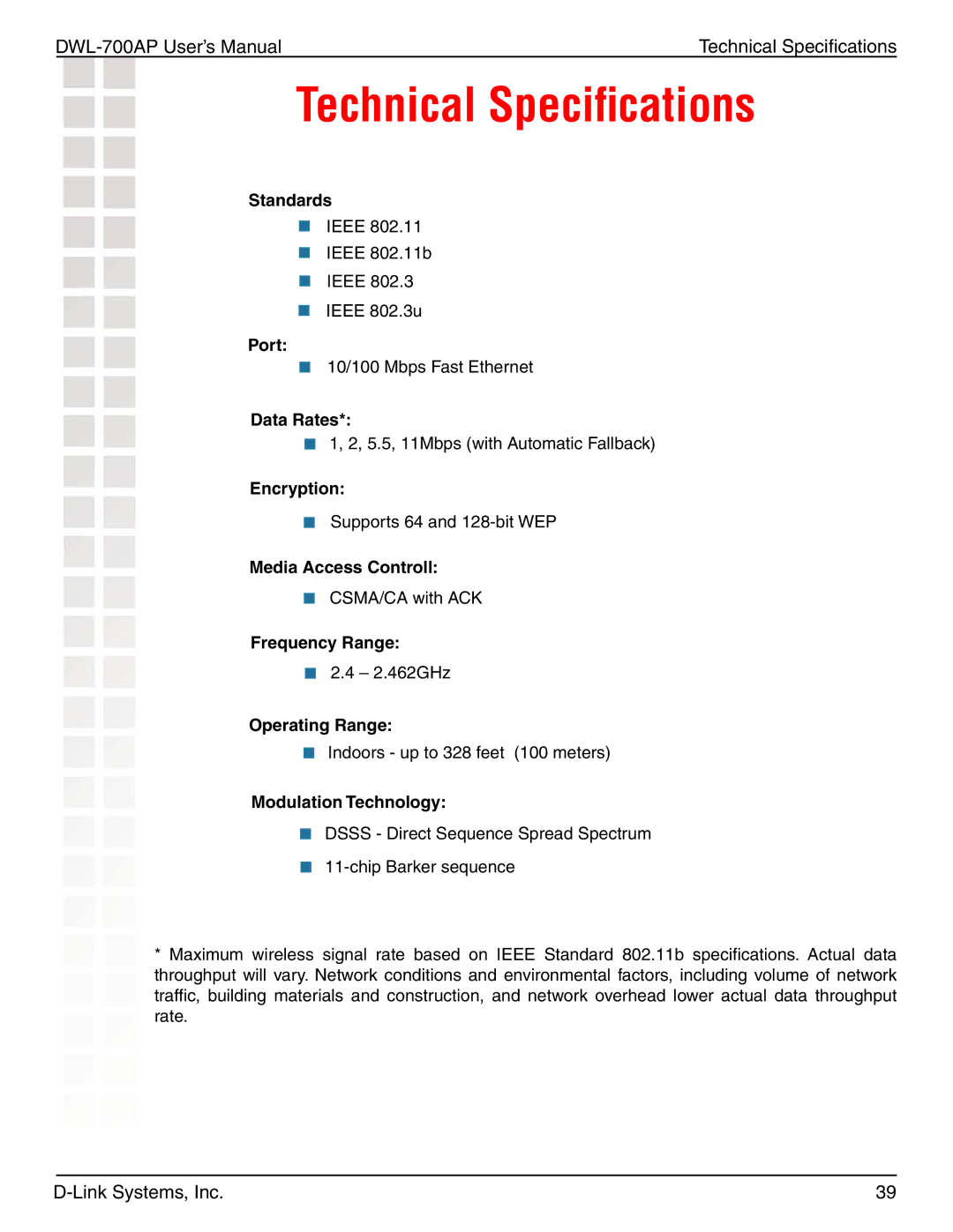 D-Link 700AP manual Technical Speciﬁcations, Modulation Technology 