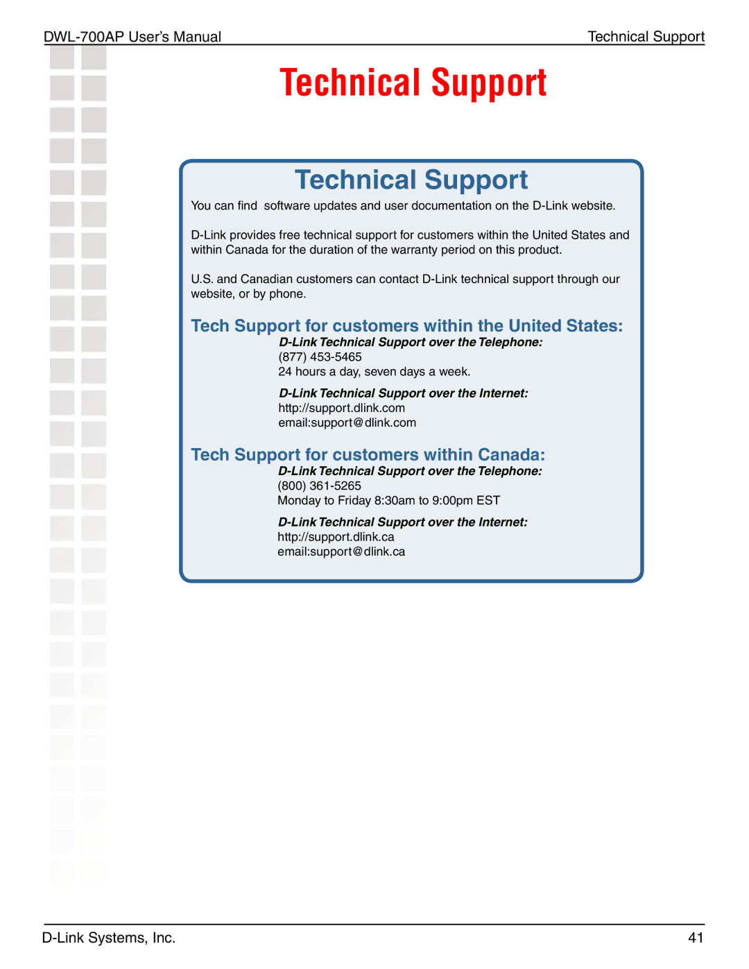 D-Link 700AP manual Technical Support 