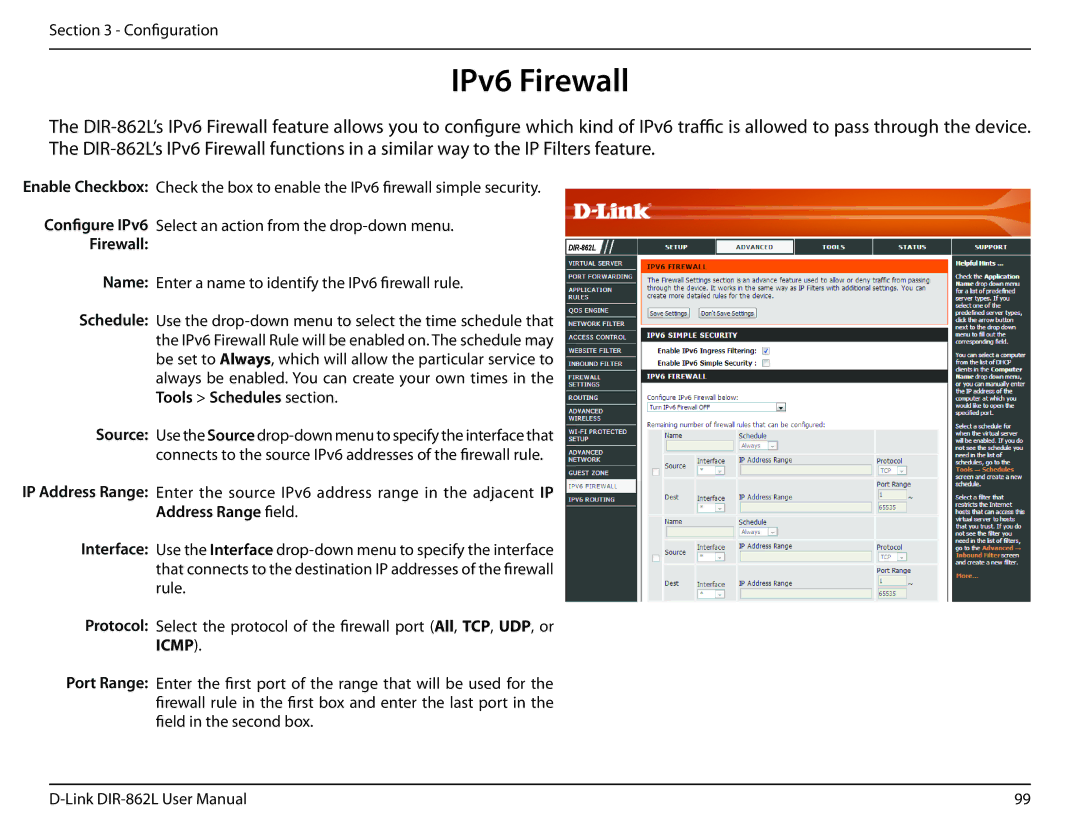 D-Link AC1600 user manual IPv6 Firewall, Configure IPv6, Address Range field 