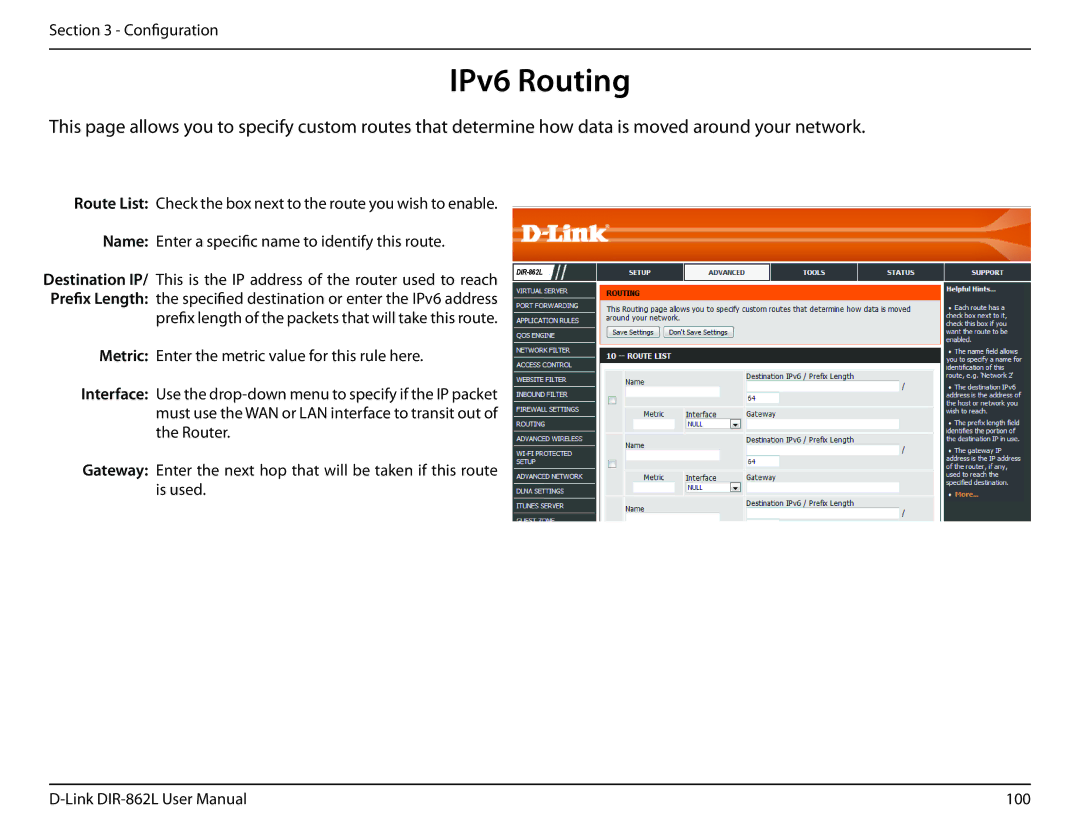 D-Link AC1600 user manual IPv6 Routing, Destination IP 