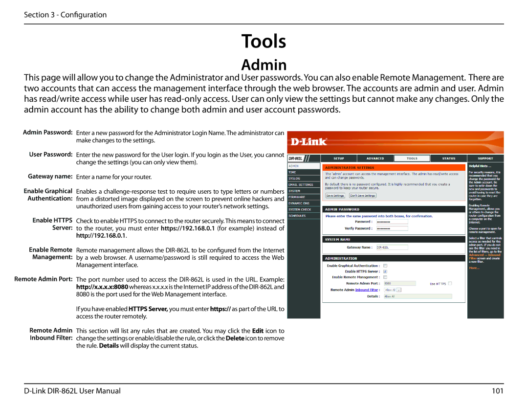 D-Link AC1600 user manual Tools, Admin 