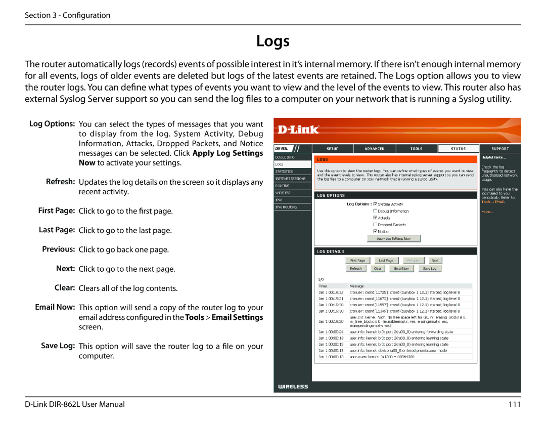 D-Link AC1600 user manual Logs, Refresh First Last Previous Next, Save Log 