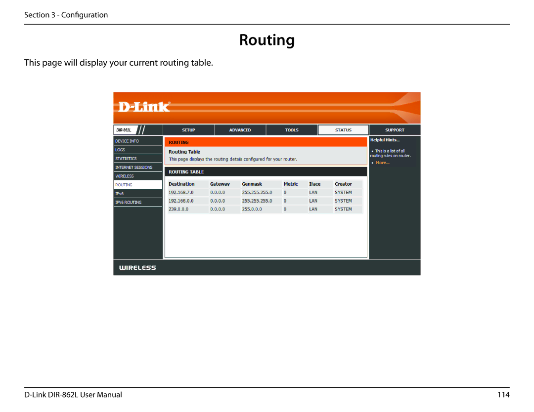 D-Link AC1600 user manual This page will display your current routing table 