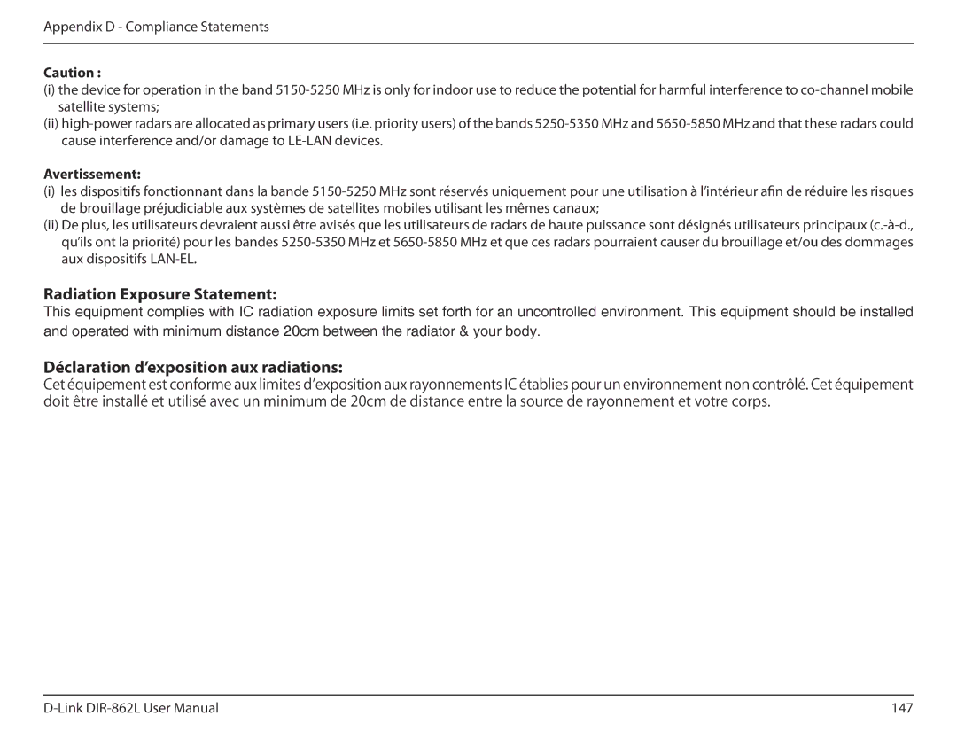 D-Link AC1600 user manual Radiation Exposure Statement, Avertissement 