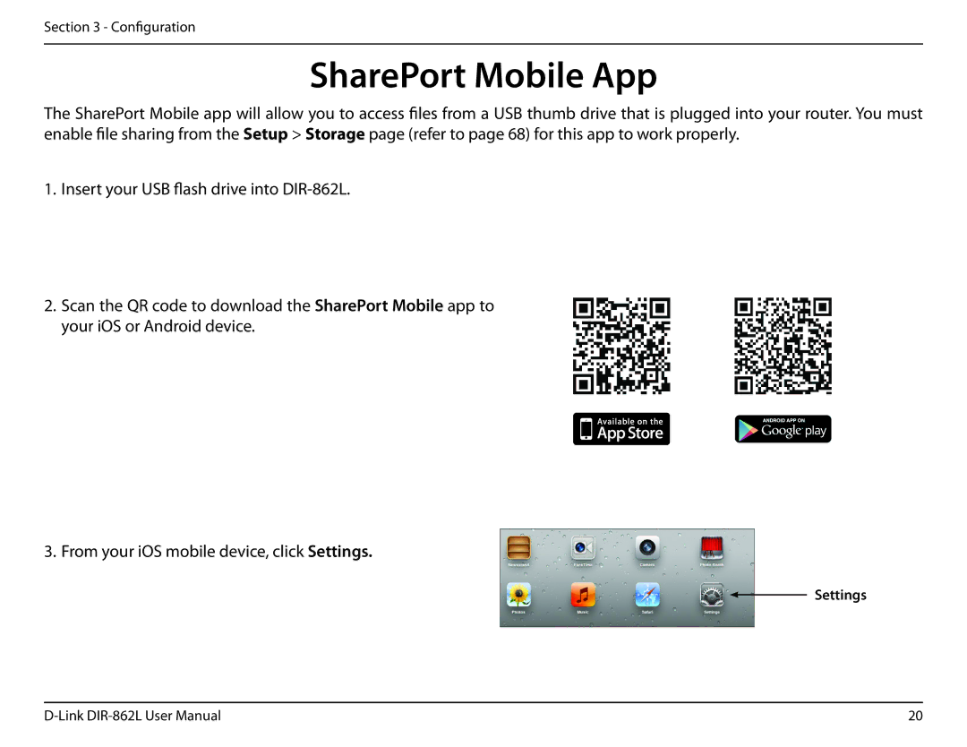 D-Link AC1600 user manual SharePort Mobile App, Settings 