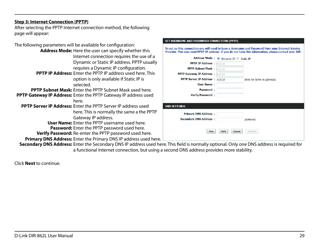 D-Link AC1600 user manual Internet Connection Pptp 