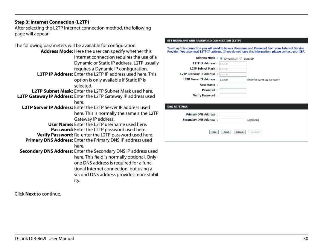 D-Link AC1600 user manual Internet Connection L2TP 