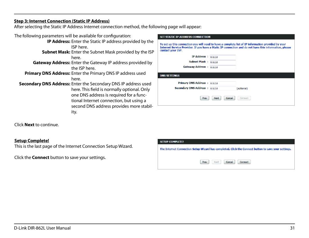 D-Link AC1600 user manual Internet Connection Static IP Address, Setup Complete 