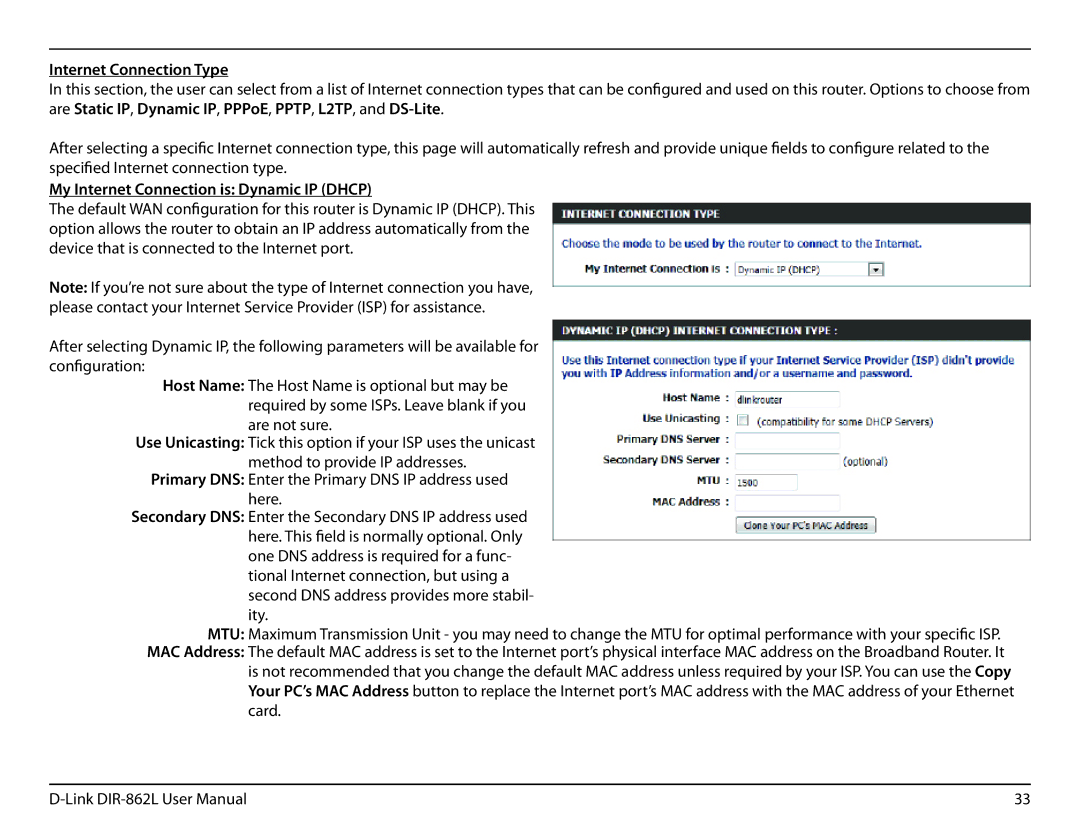 D-Link AC1600 user manual Internet Connection Type, My Internet Connection is Dynamic IP Dhcp 