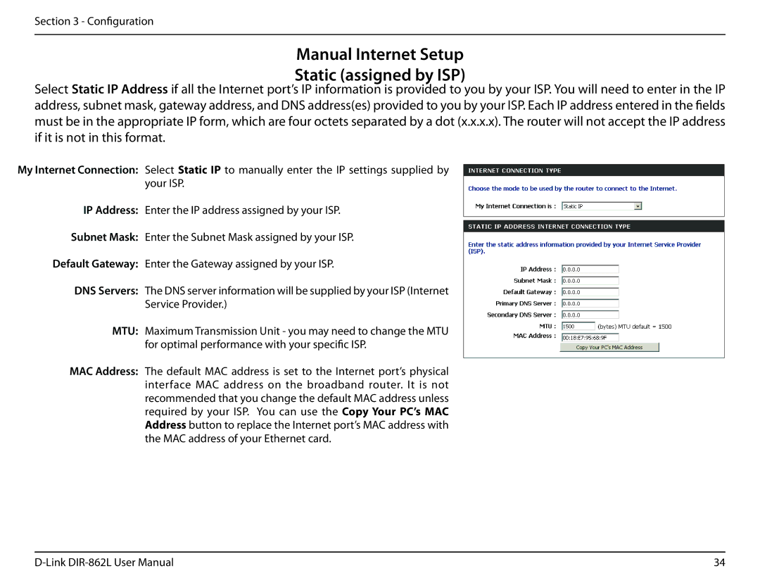 D-Link AC1600 user manual Manual Internet Setup Static assigned by ISP 