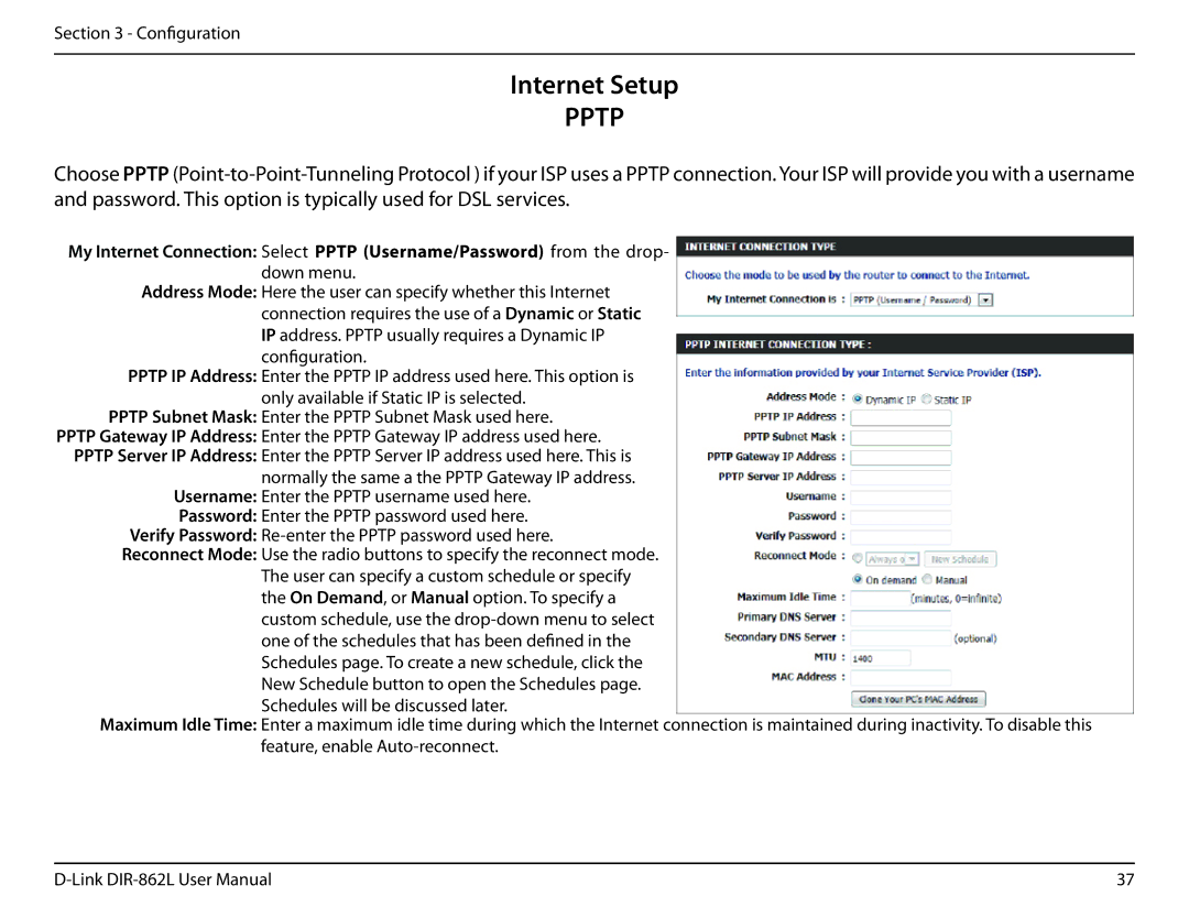 D-Link AC1600 user manual Internet Setup, Pptp 