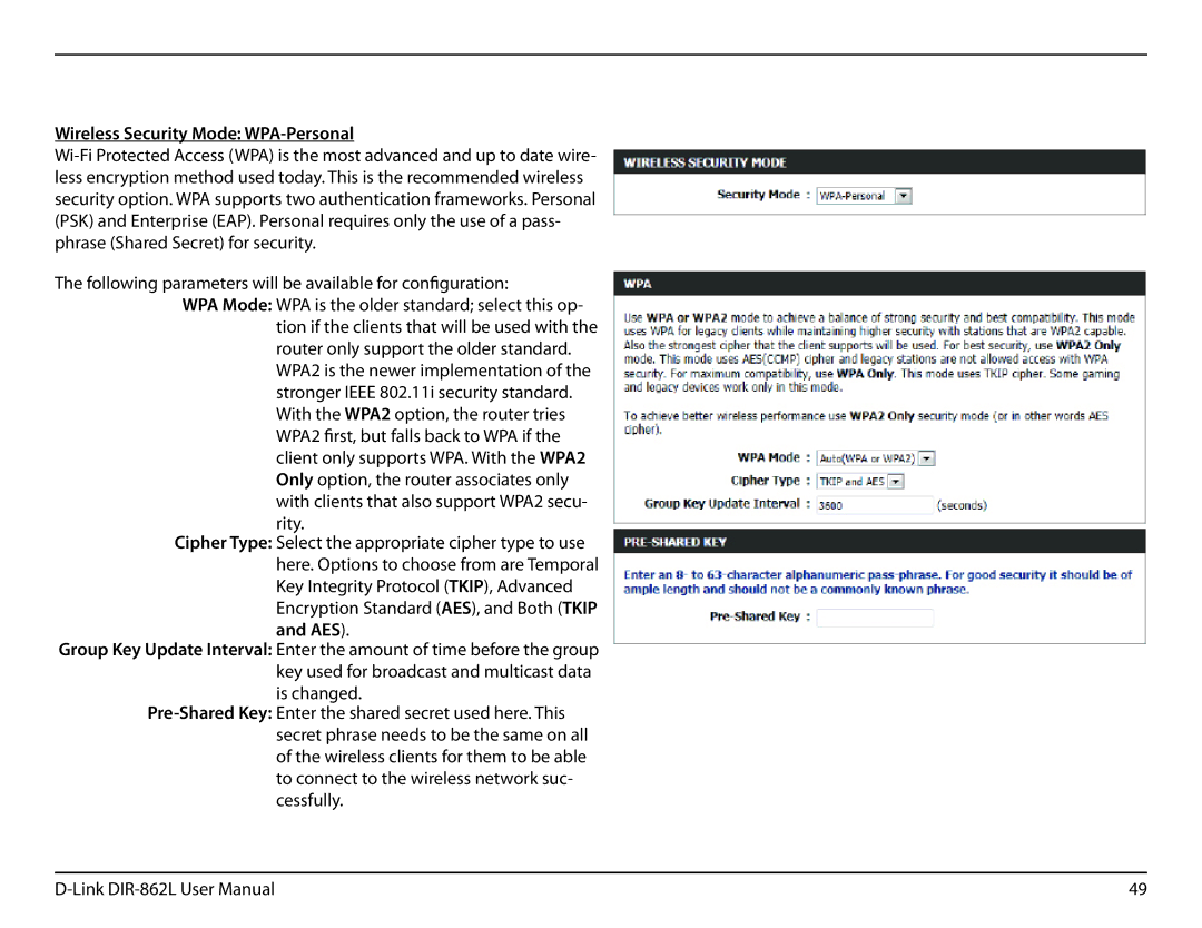 D-Link AC1600 user manual Wireless Security Mode WPA-Personal 