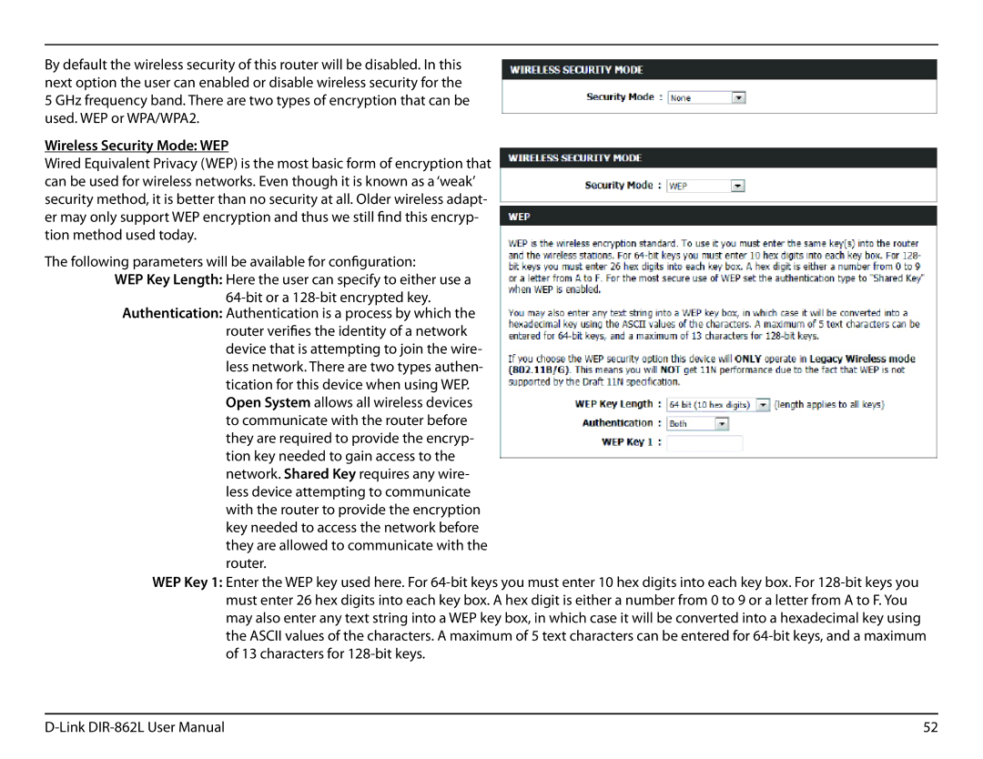 D-Link AC1600 user manual Wireless Security Mode WEP 