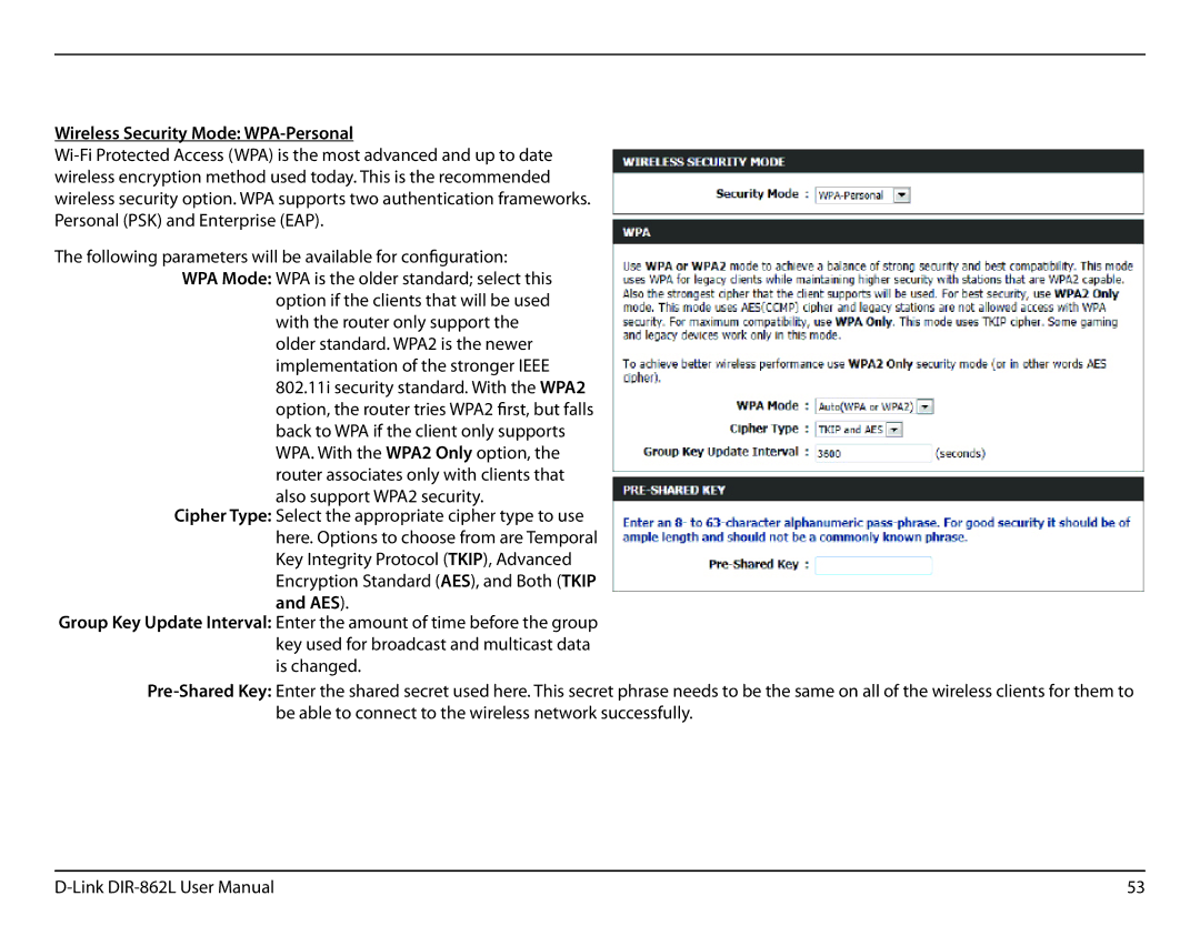 D-Link AC1600 user manual Wireless Security Mode WPA-Personal 