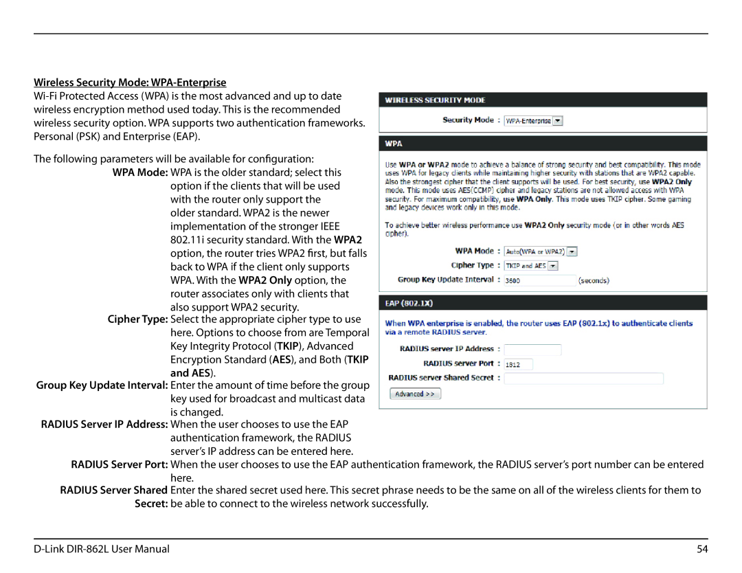 D-Link AC1600 user manual Wireless Security Mode WPA-Enterprise 