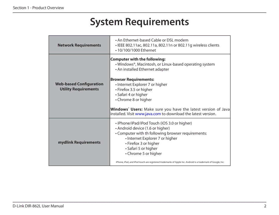 D-Link AC1600 user manual System Requirements, Network Requirements, Computer with the following, Browser Requirements 