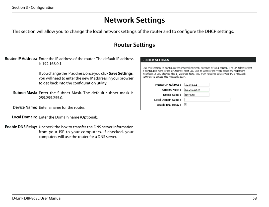 D-Link AC1600 user manual Network Settings, Router Settings 