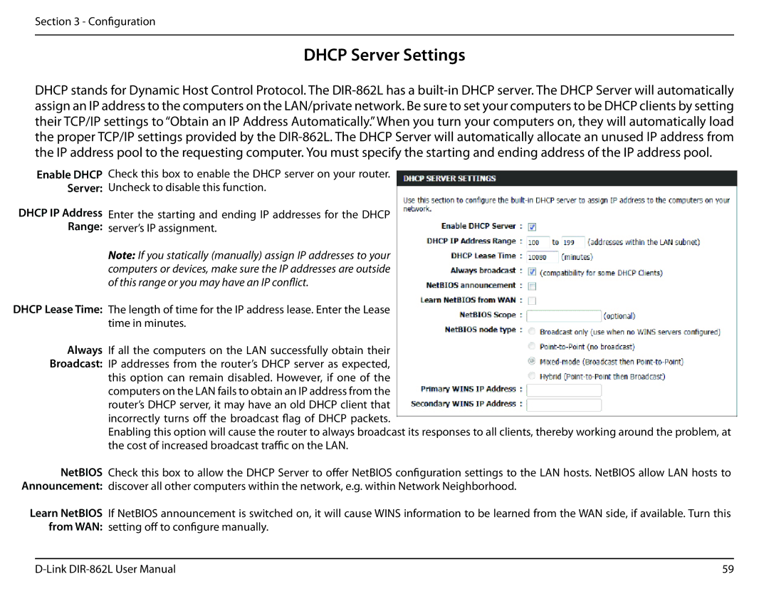 D-Link AC1600 user manual Dhcp Server Settings 