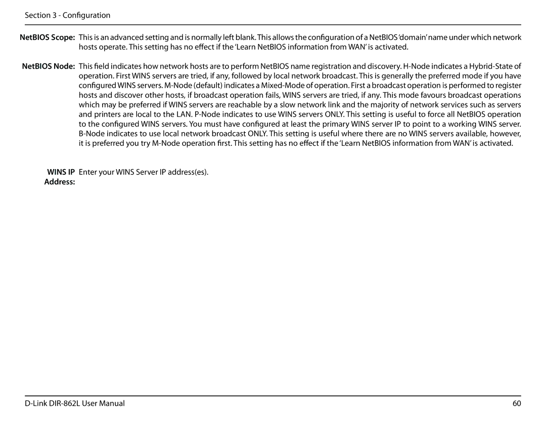 D-Link AC1600 user manual Wins IP Enter your Wins Server IP addresses 