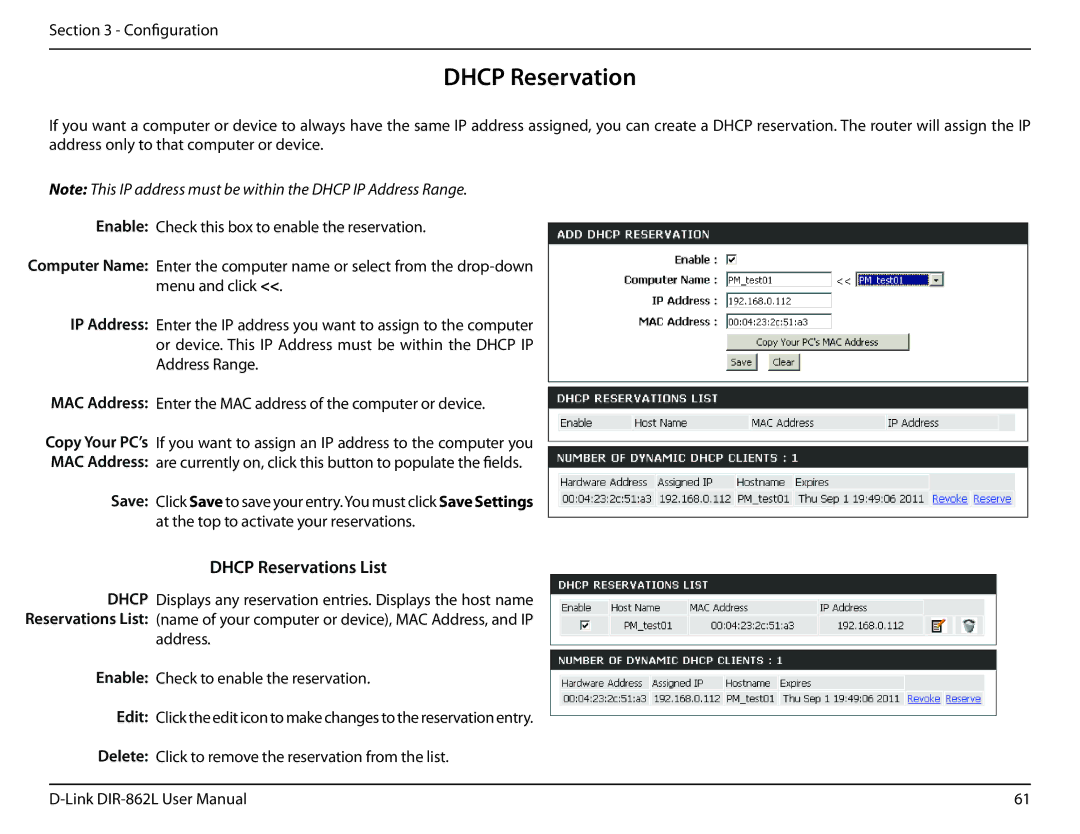 D-Link AC1600 user manual Dhcp Reservations List 