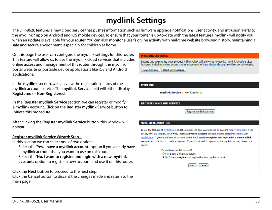 D-Link AC1600 user manual Mydlink Settings, Register mydlink Service Wizard Step 