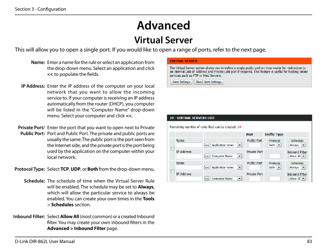 D-Link AC1600 user manual Advanced, Virtual Server, Schedules section 