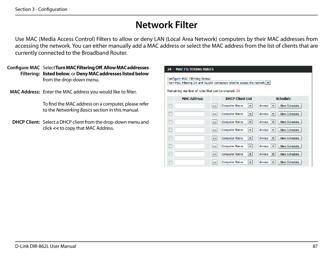 D-Link AC1600 user manual Network Filter 