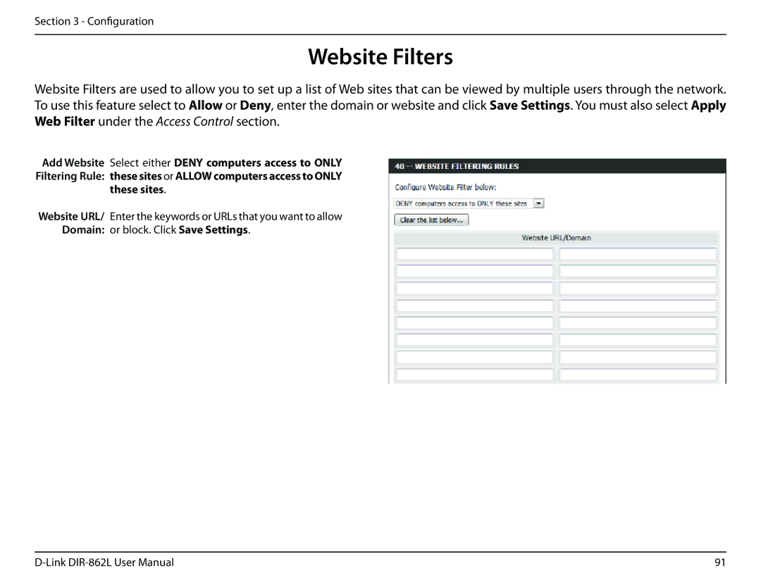 D-Link AC1600 user manual Website Filters, These sites, Domain or block. Click Save Settings 