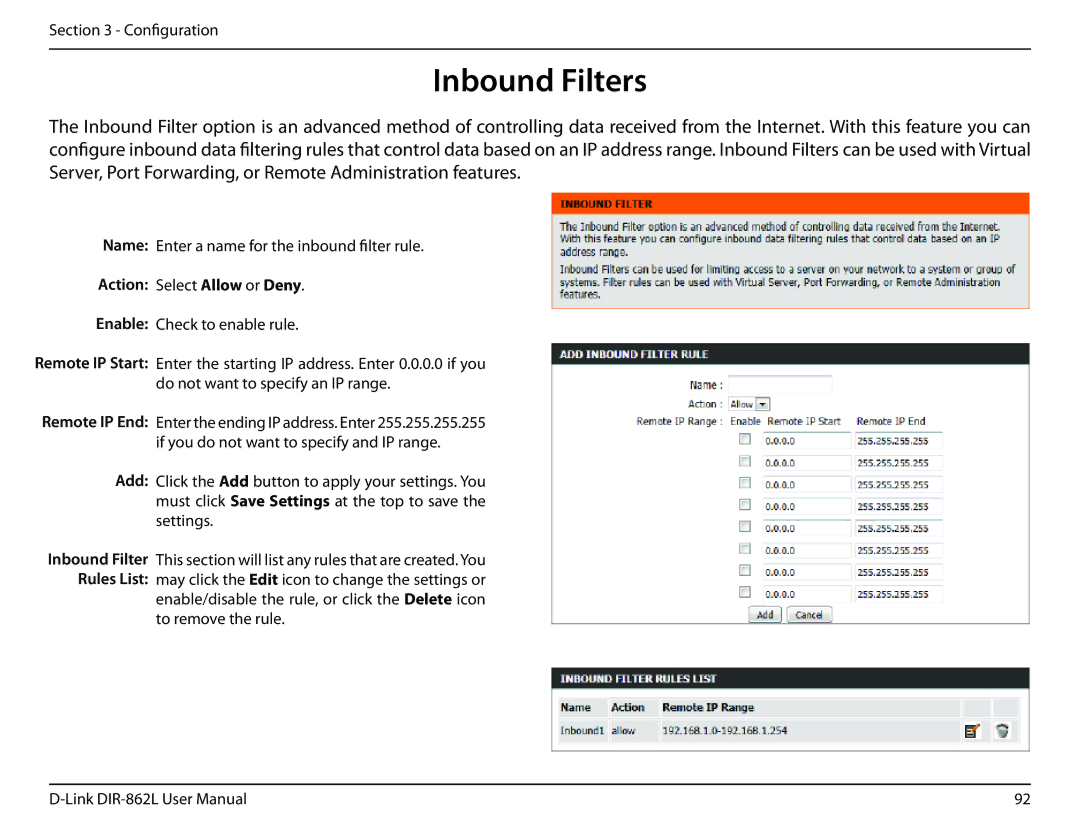 D-Link AC1600 user manual Inbound Filters, Action Select Allow or Deny 